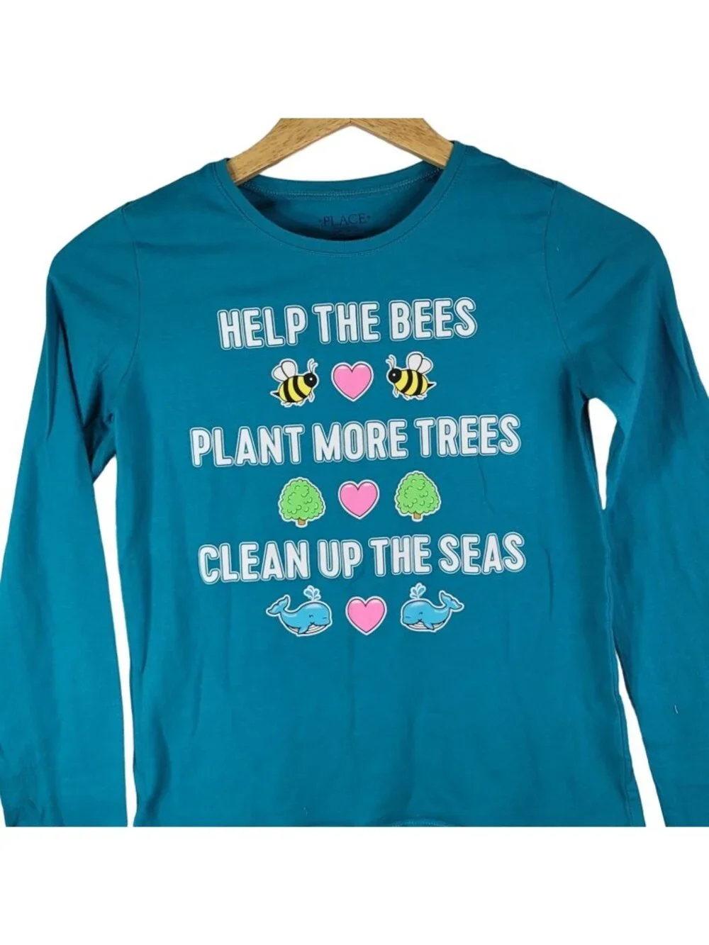 Children's Place Girls Earth Day Top Blue Large Long Sleeve Bees Plant Trees